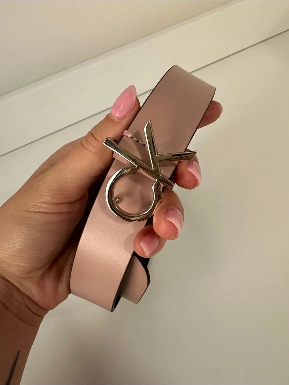 Calvin Klein Blush Pink Leather Belt with Silver Logo Buckle